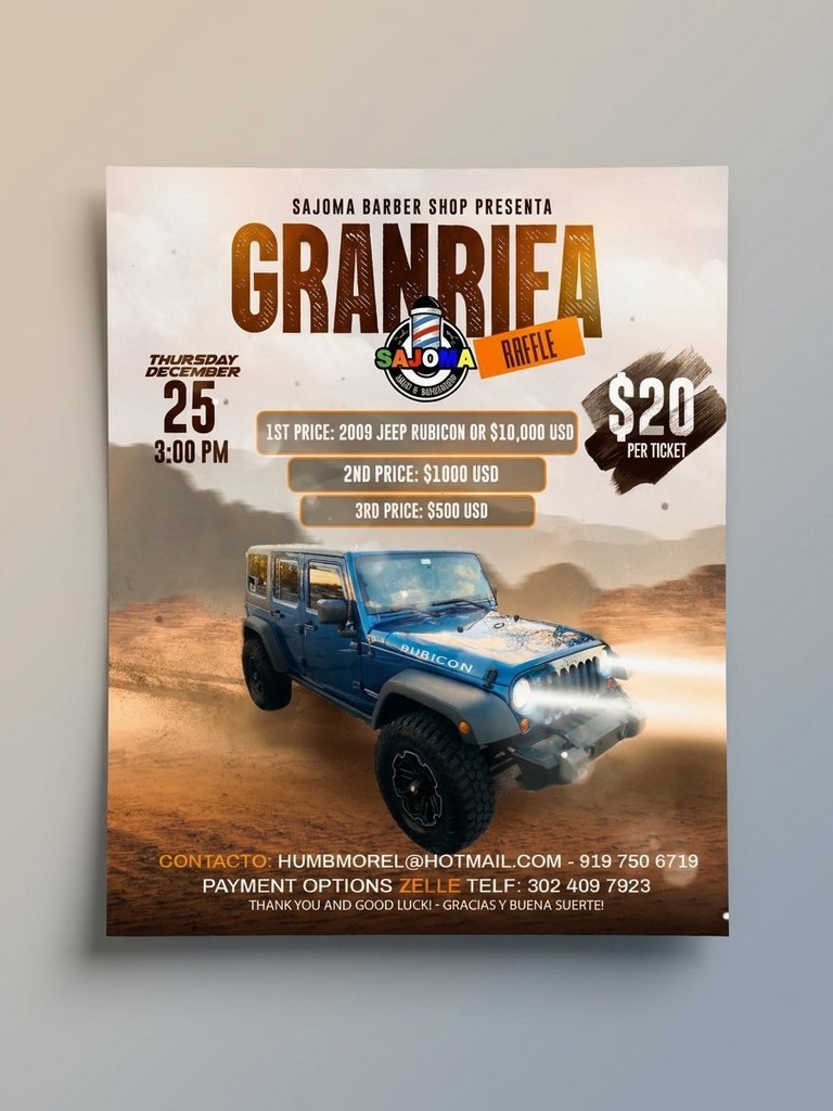 Raffle flyer for Sajoma Barber Shop