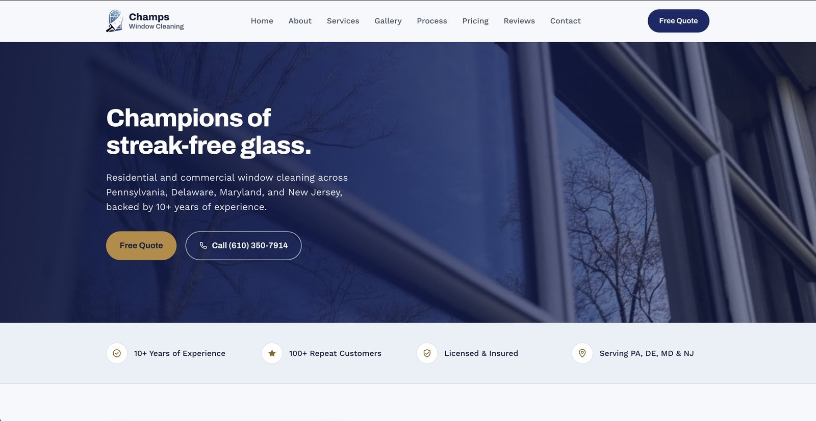 Homepage of the Champs Window Cleaning website